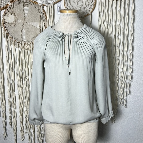 Diane Von Furstenberg Mikino Mint Colored Pleated Neckline Long Sleeve Blouse 2 - Picture 2 of 12